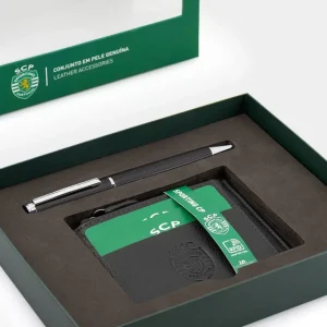 Conjunto Porta-Cartões em Pele e Caneta Preto