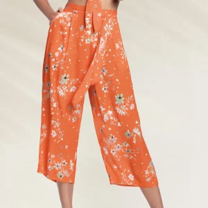 Calças Laranja Floral Cintura Alta